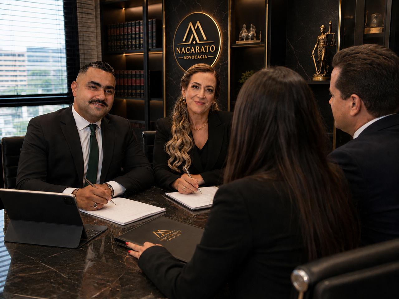 Equipe da Nacarato Advocacia reunida em torno da mesa de reuniões do escritório
